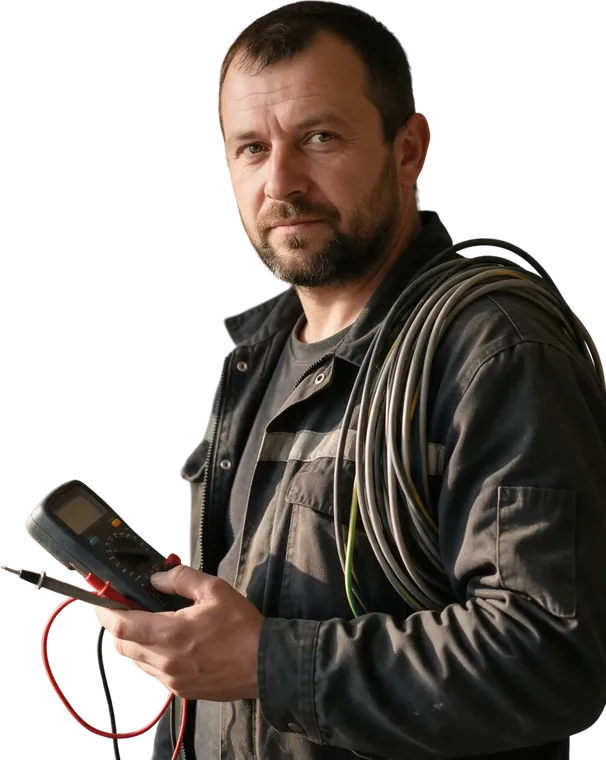 Electrician cu un multimetru și un colac de cablu pe umăr