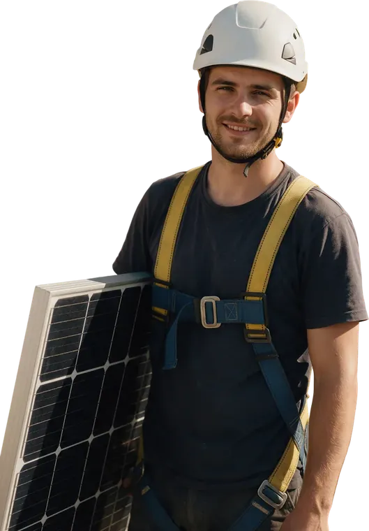 Montator de panouri fotovoltaice, cu cască și ham, cu un panou sub braț