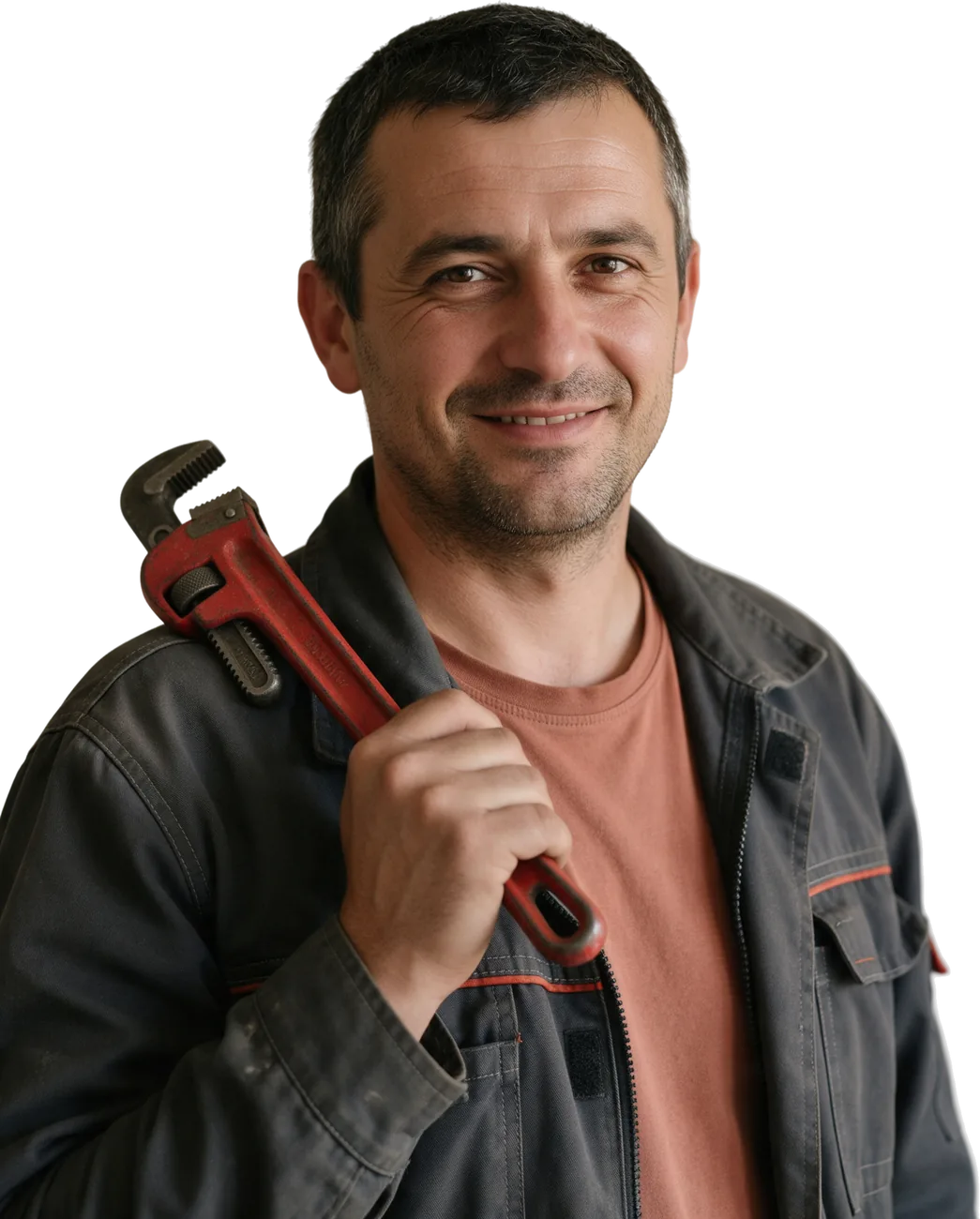 Instalator cu o cheie pentru țevi pe umăr, zâmbind