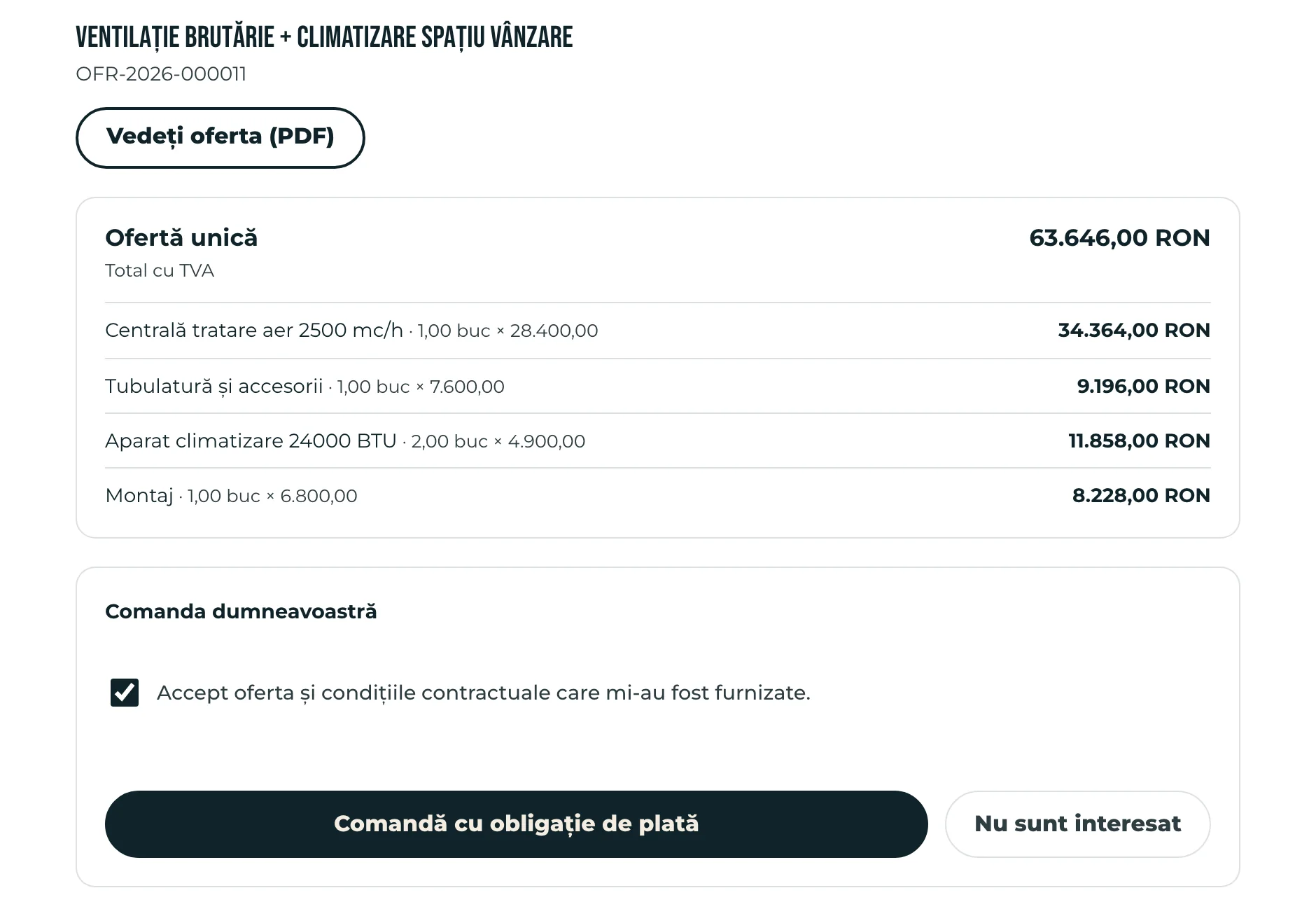 Portalul clientului: oferta primită de la firmă, cu pozițiile și prețul, declarația bifată și butonul de comandă.