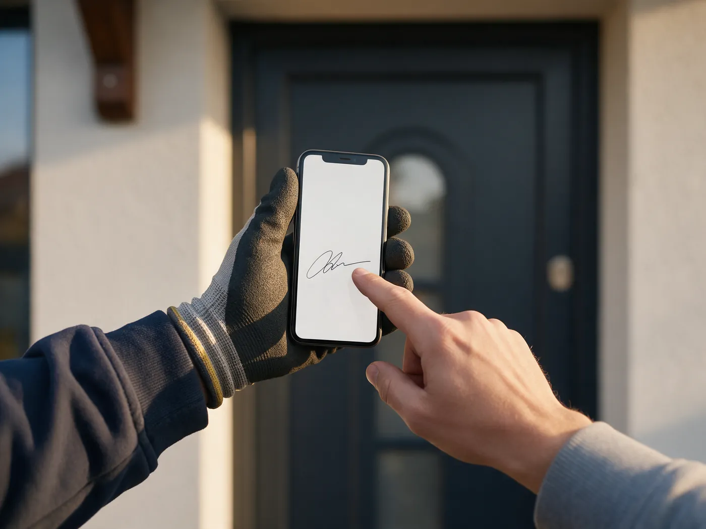 Montatorul întinde telefonul, iar clientul semnează fișa cu degetul, în pragul casei