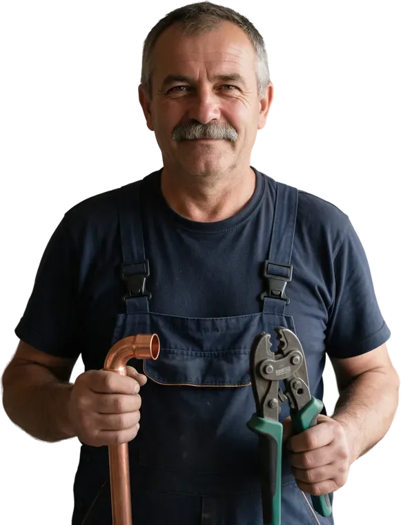 Instalator termic cu un cot de cupru și o presă de fitinguri